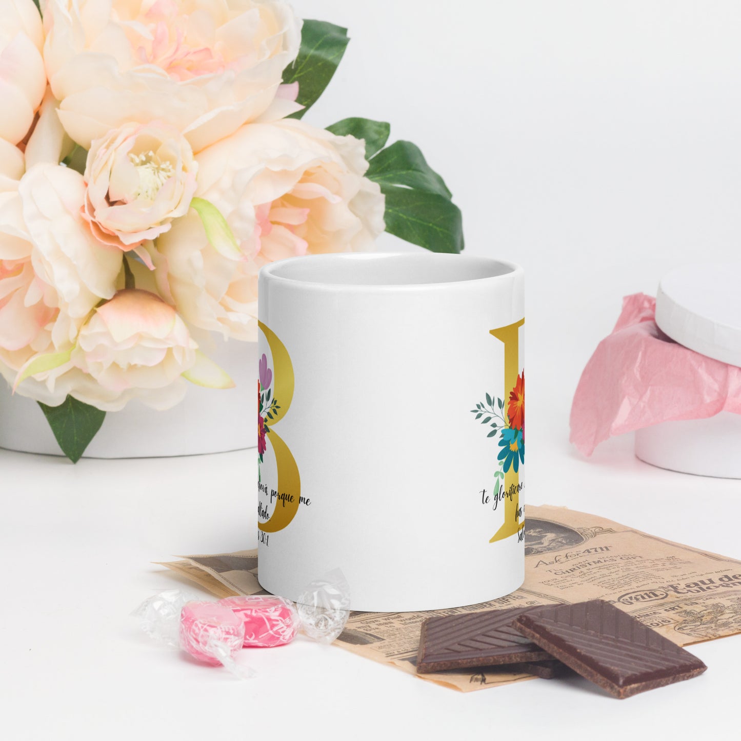 Initial Letter and biblical verse white glossy mug