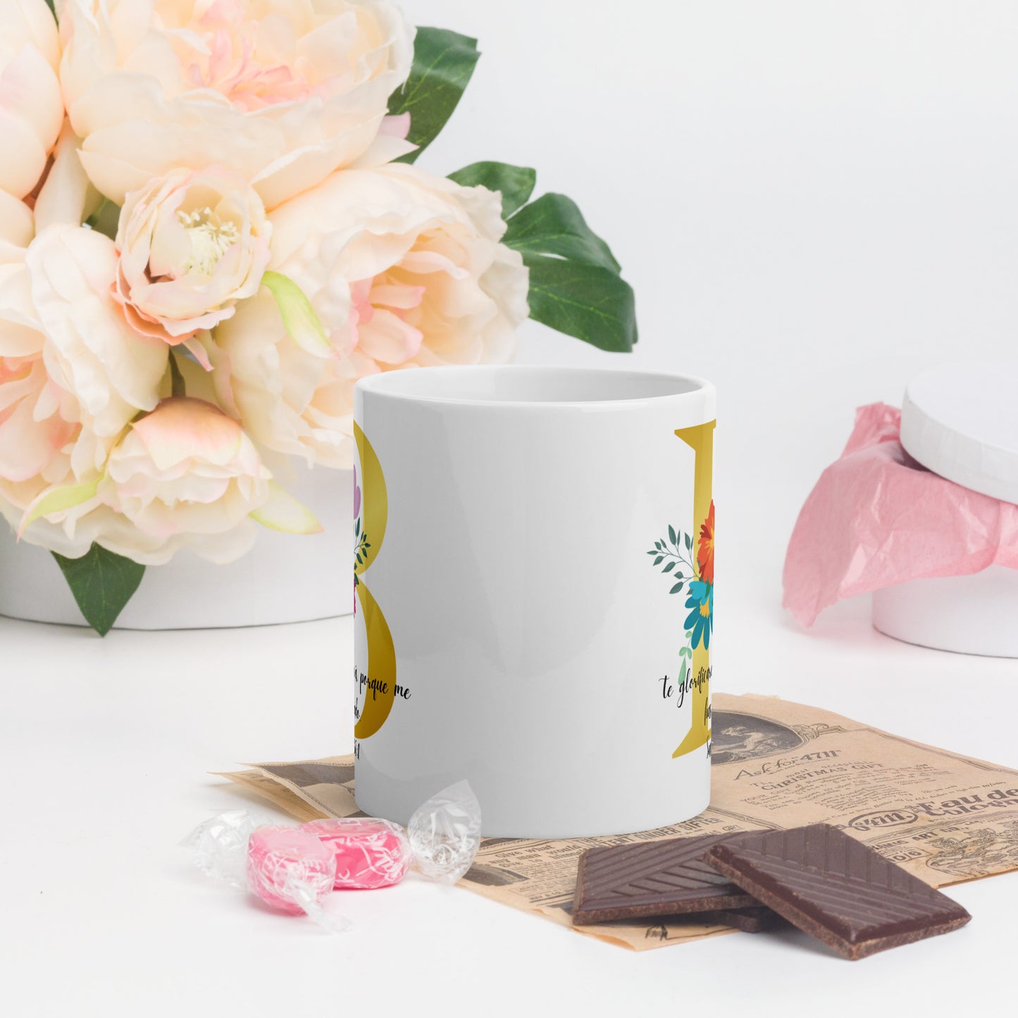 Initial Letter and biblical verse white glossy mug