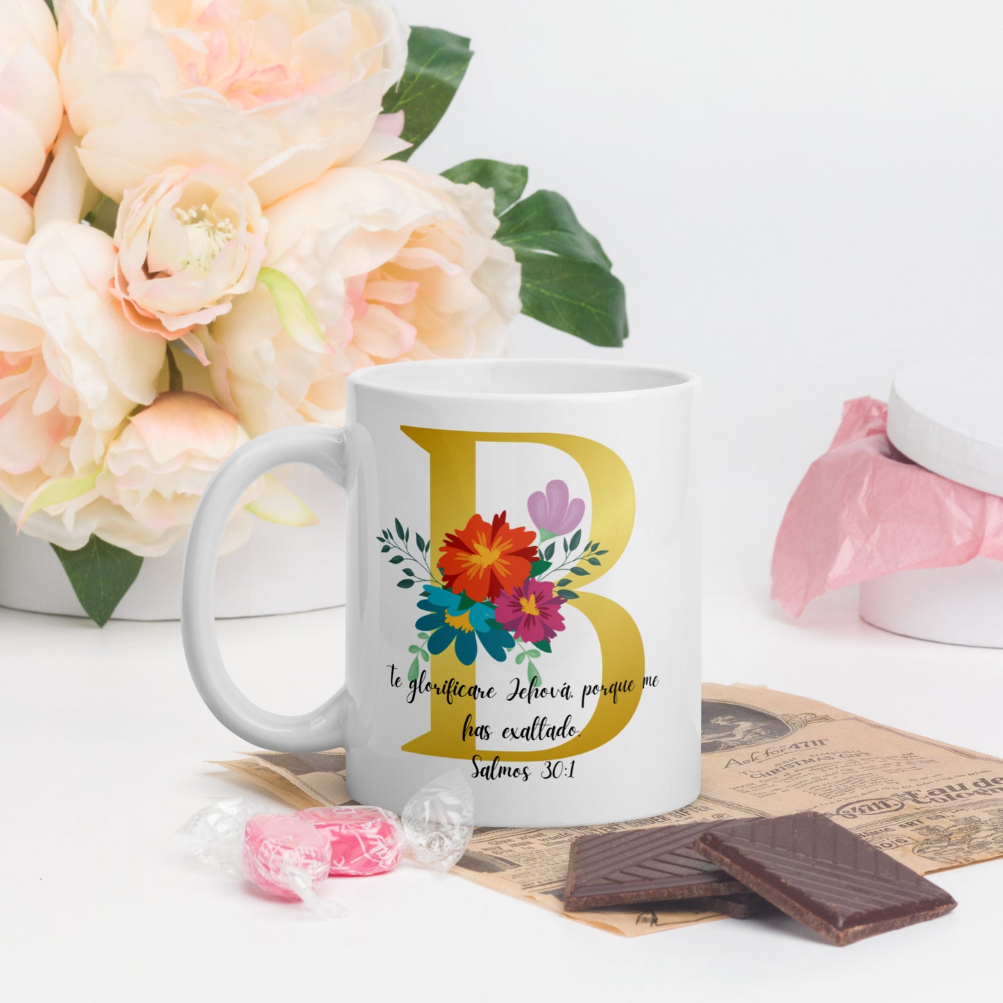 Initial Letter and biblical verse white glossy mug