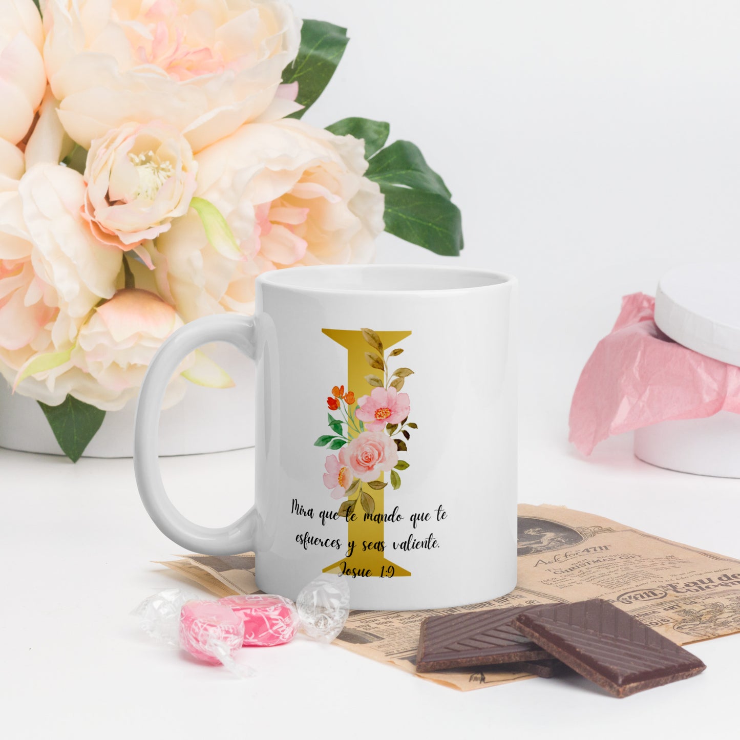 Initial letter and Biblical Verse white glossy mug