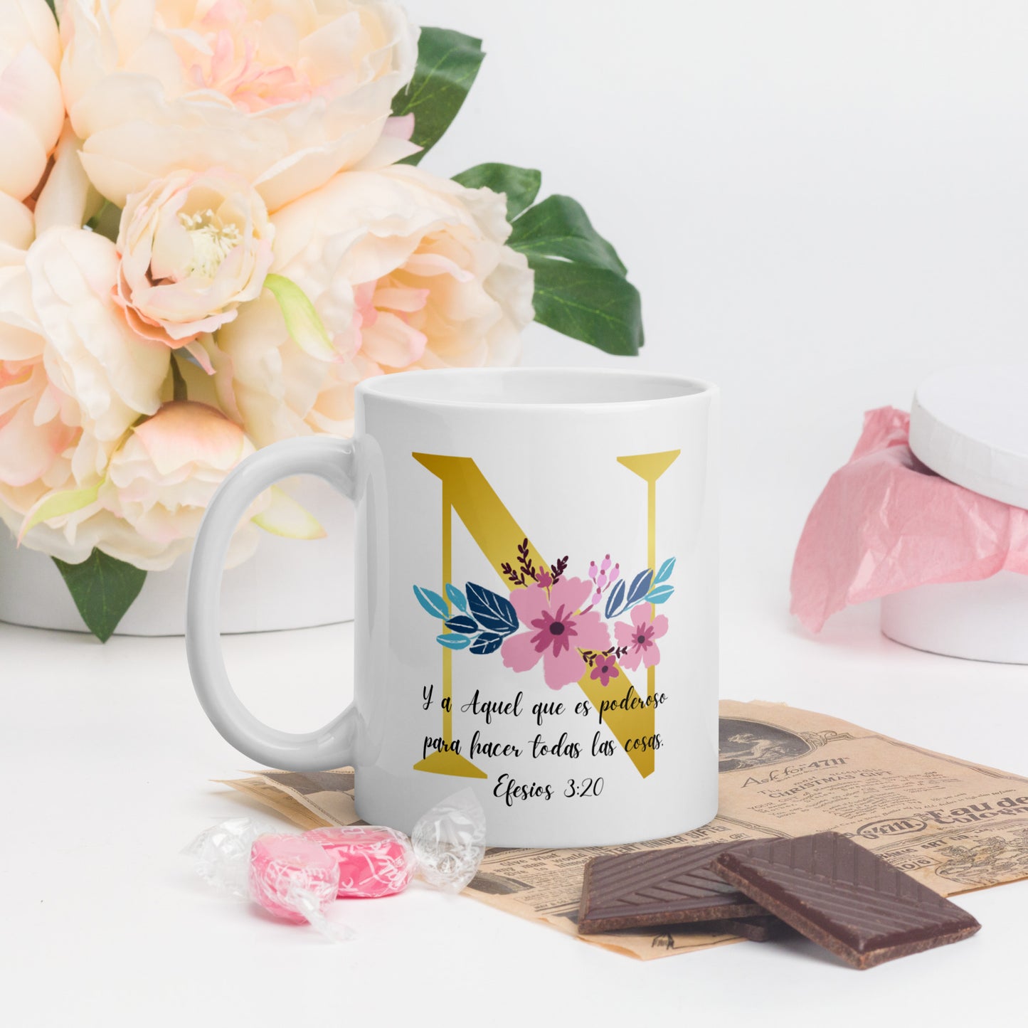 Initial Letter and Biblical Verse white glossy mug