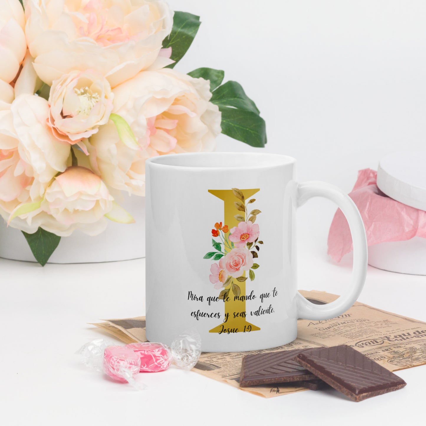 Initial letter and Biblical Verse white glossy mug