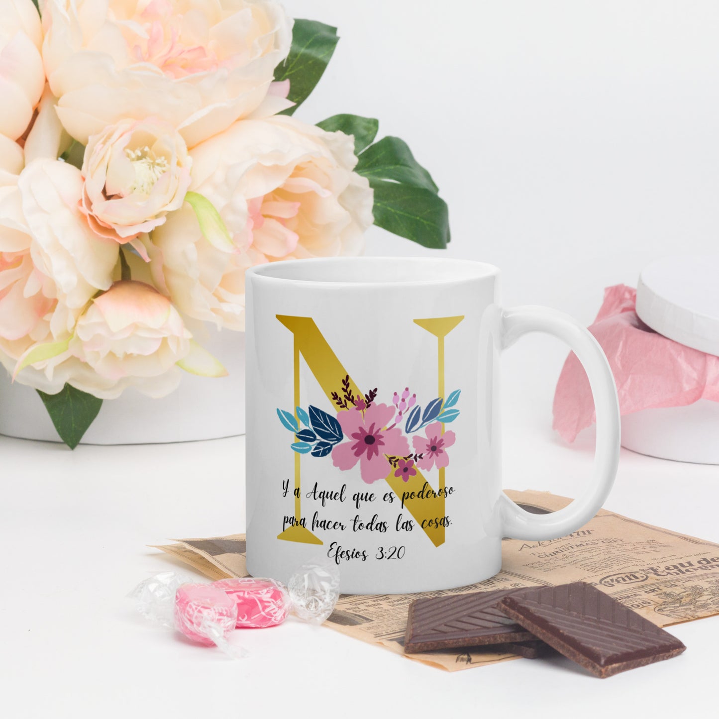 Initial Letter and Biblical Verse white glossy mug