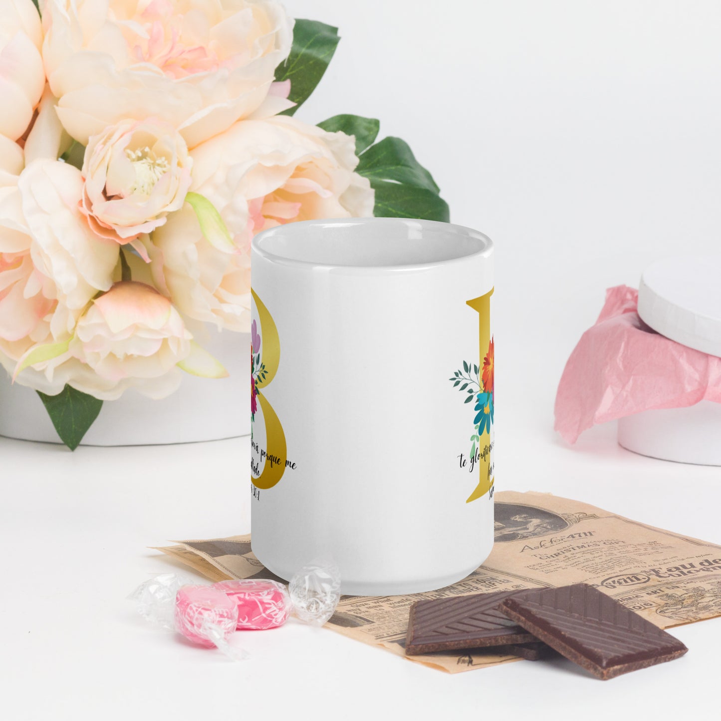 Initial Letter and biblical verse white glossy mug