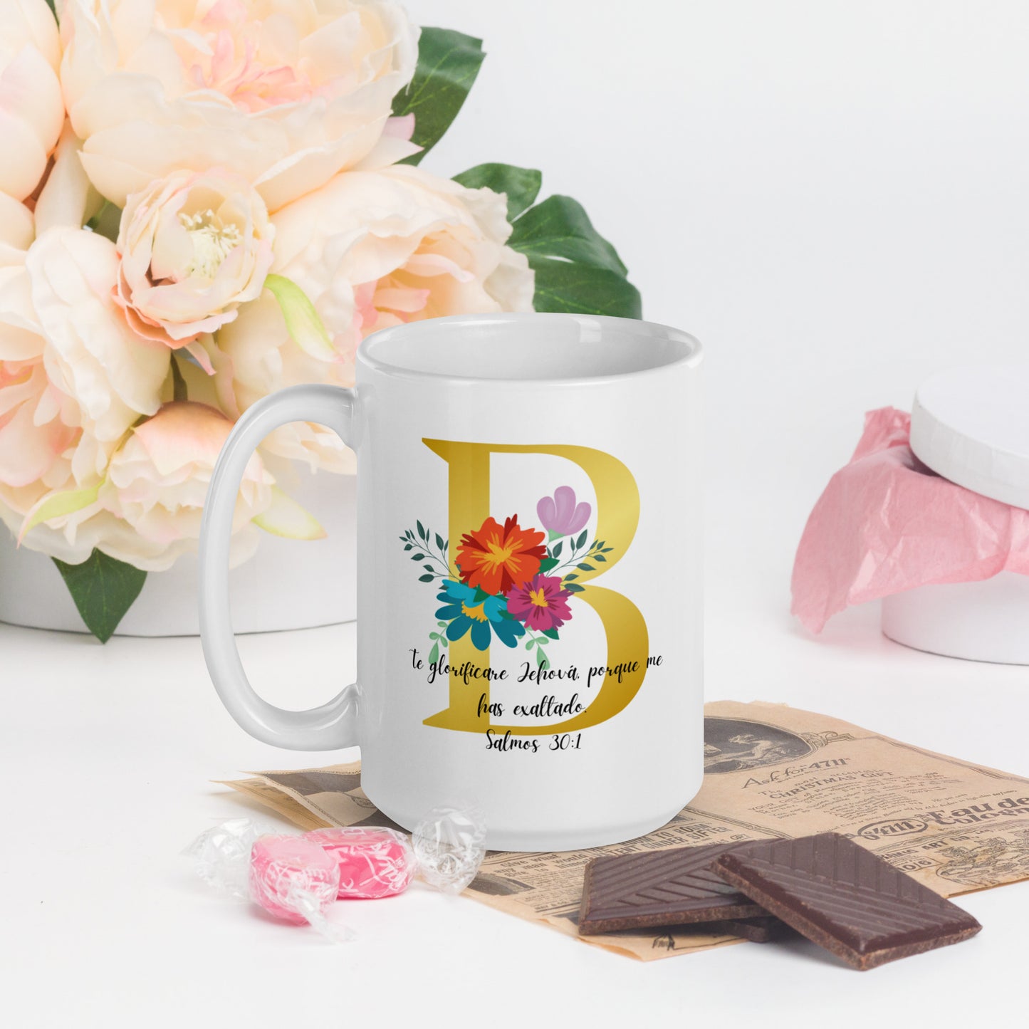 Initial Letter and biblical verse white glossy mug