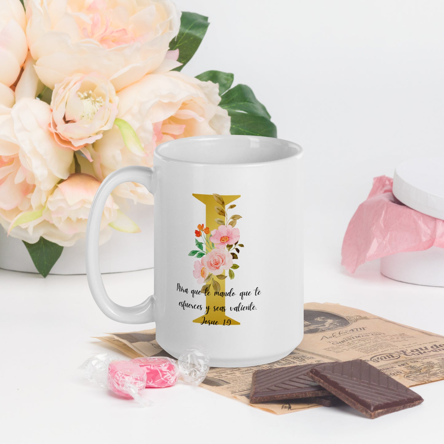 Initial letter and Biblical Verse white glossy mug