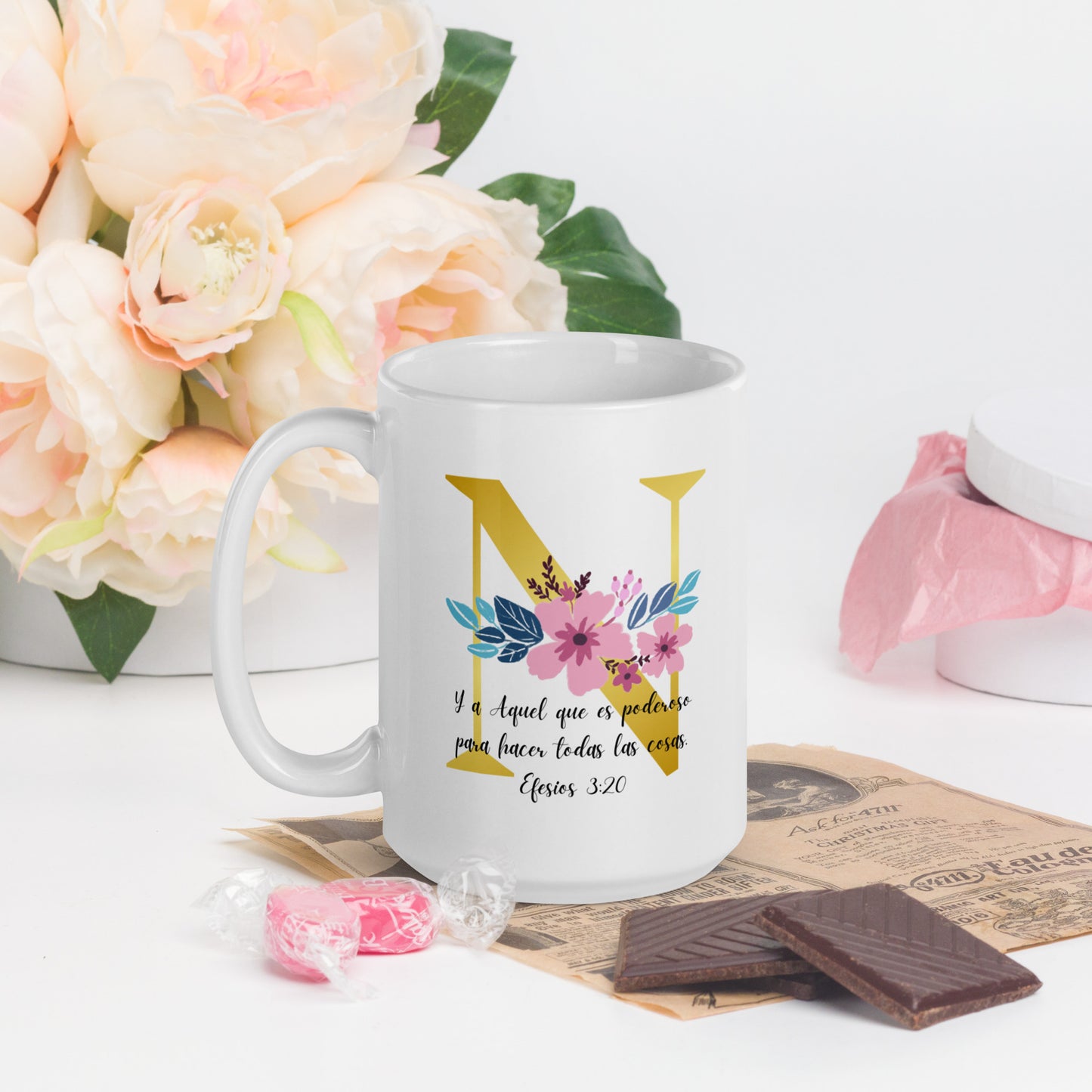 Initial Letter and Biblical Verse white glossy mug
