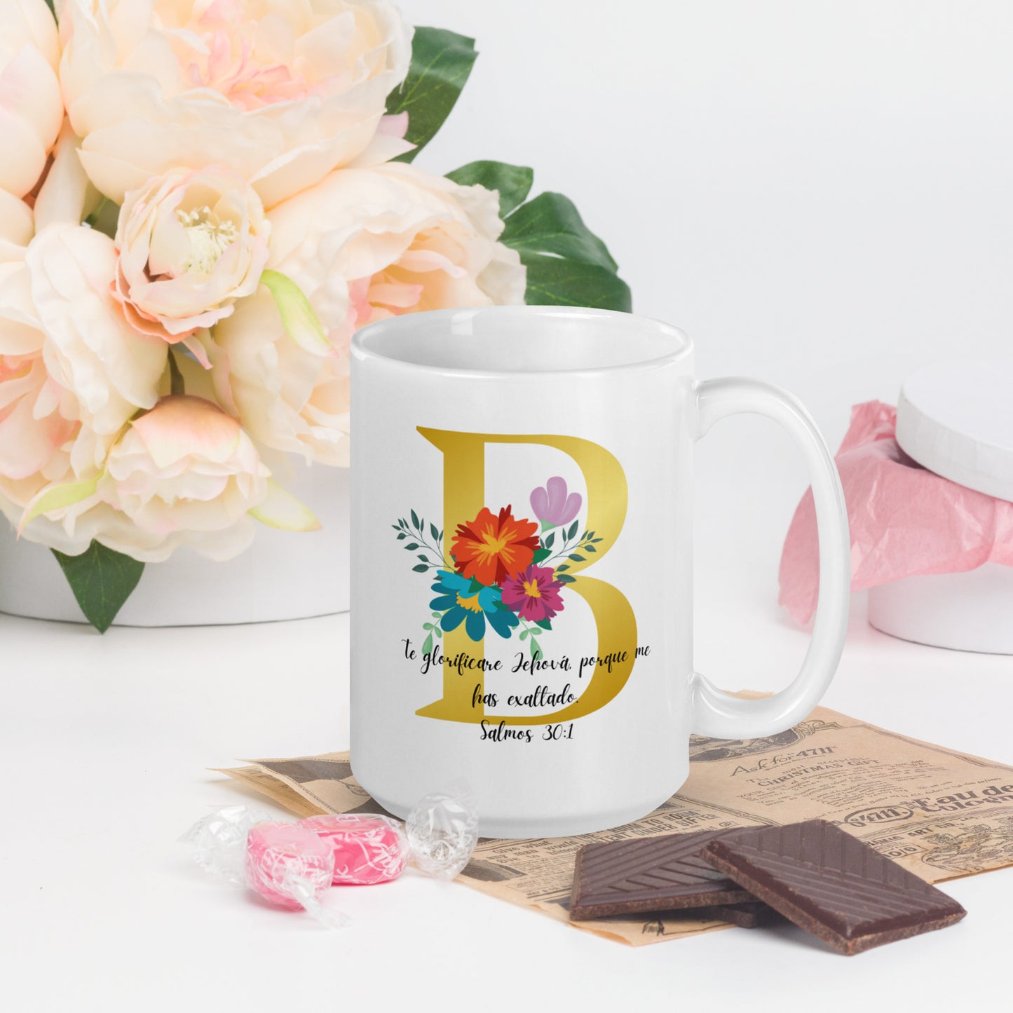 Initial Letter and biblical verse white glossy mug