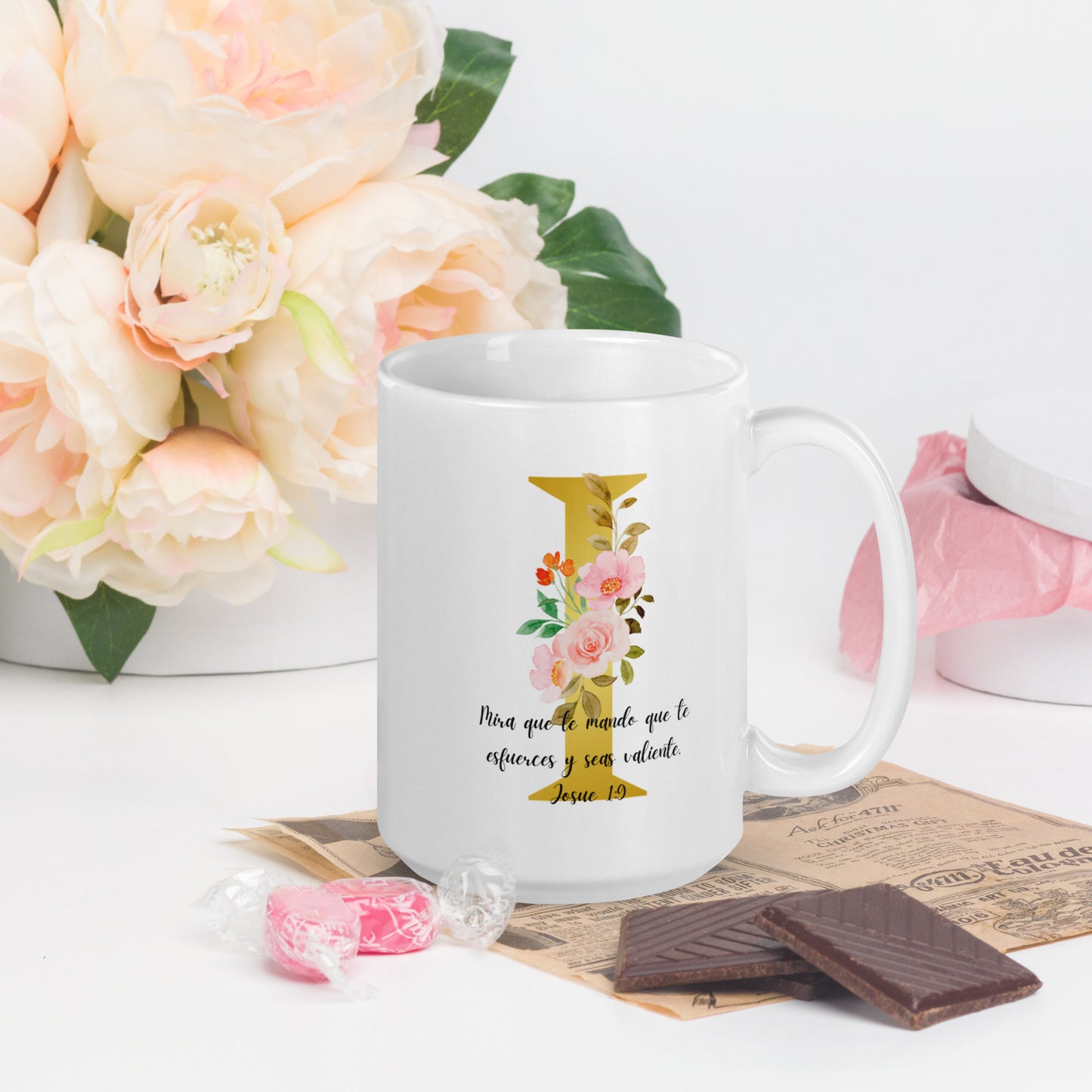 Initial letter and Biblical Verse white glossy mug