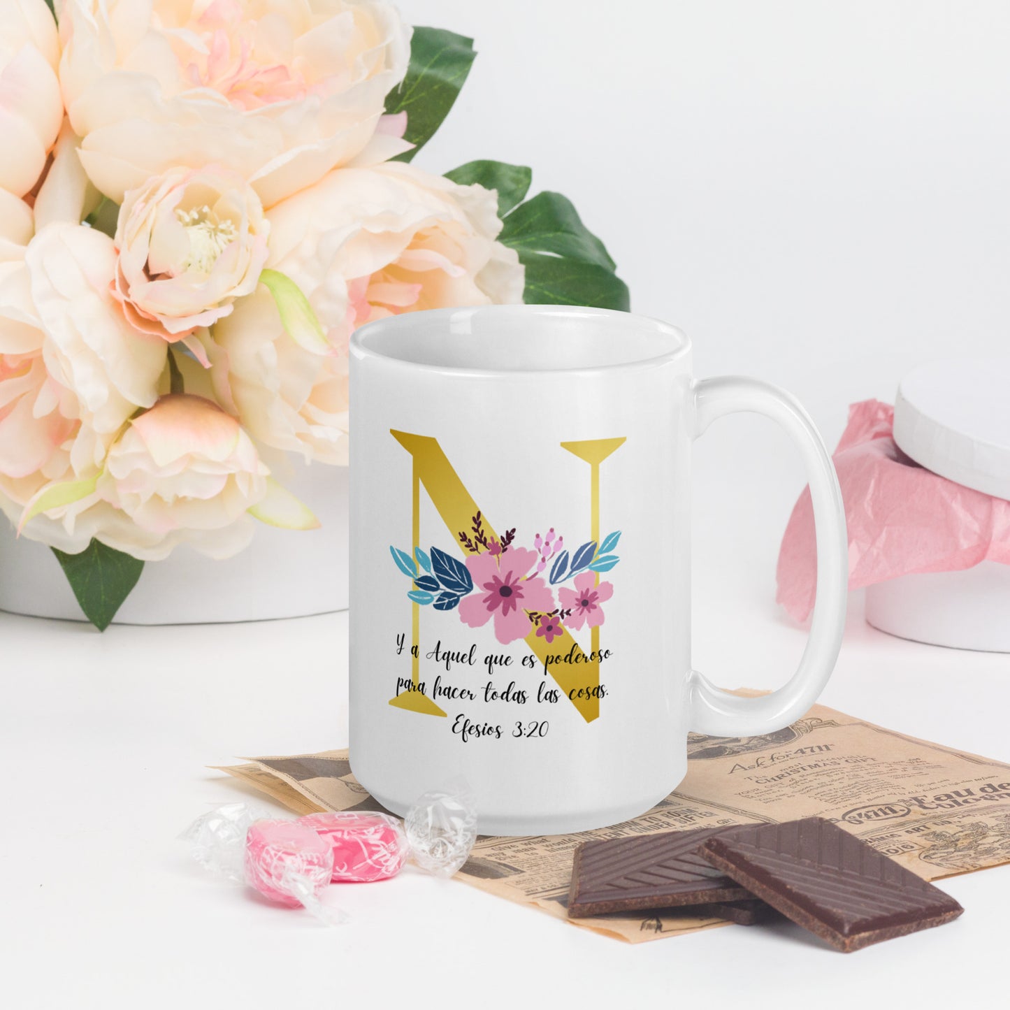 Initial Letter and Biblical Verse white glossy mug