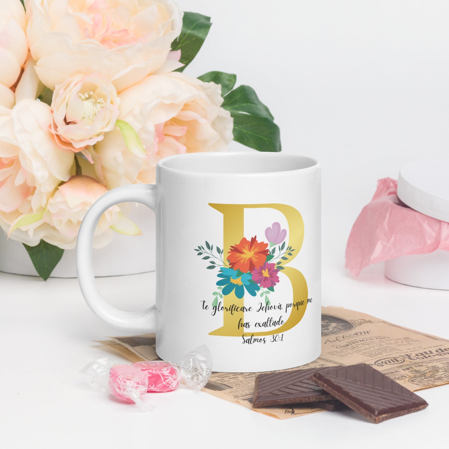 Initial Letter and biblical verse white glossy mug