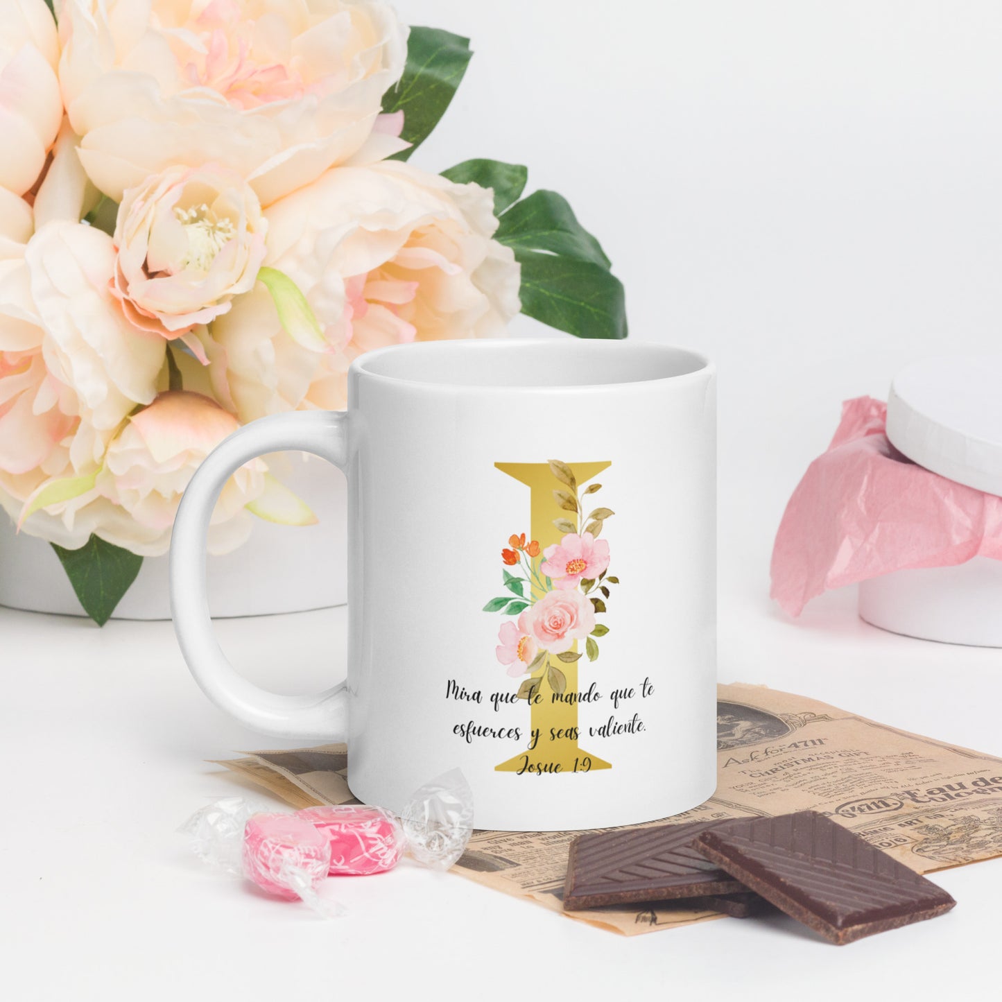 Initial letter and Biblical Verse white glossy mug