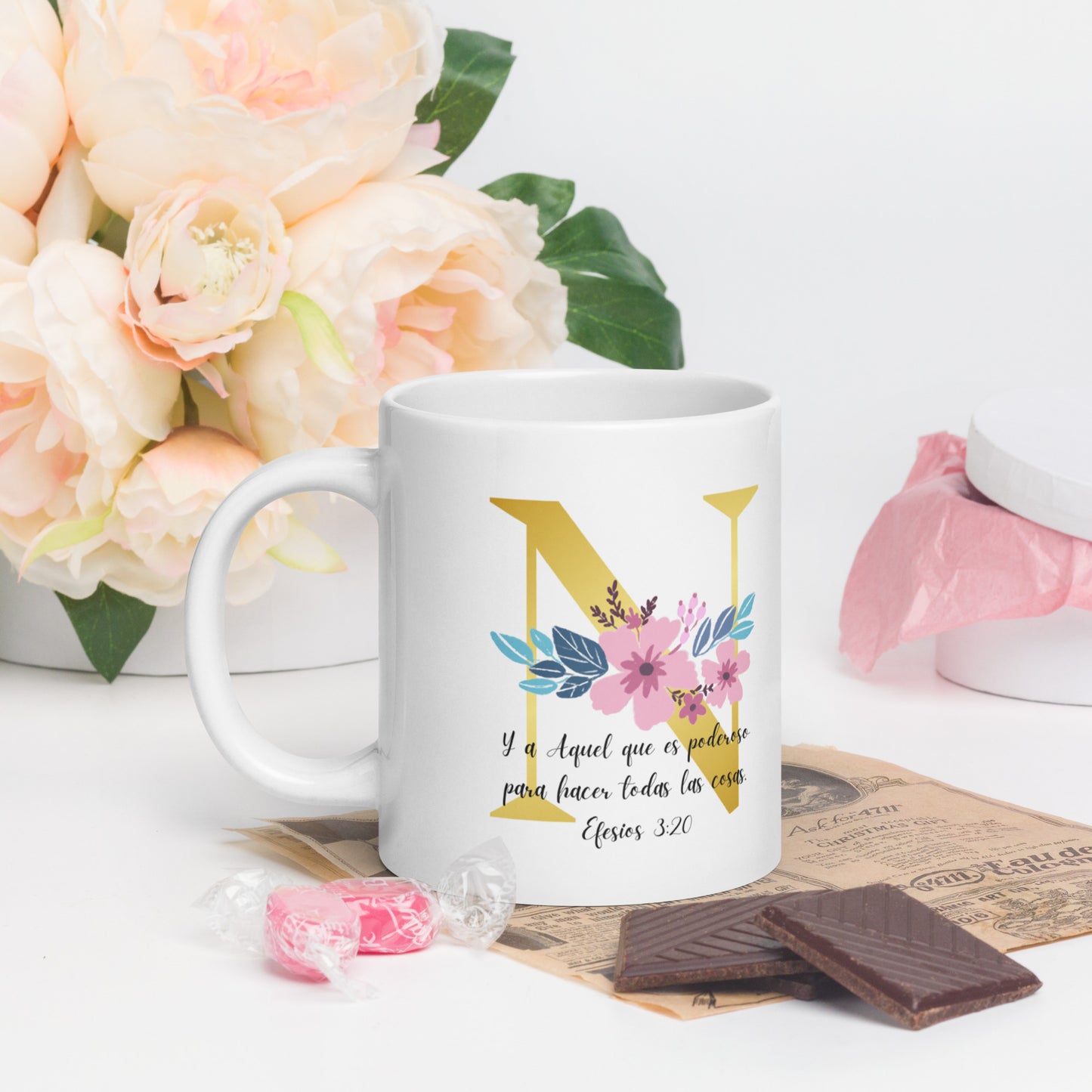 Initial Letter and Biblical Verse white glossy mug